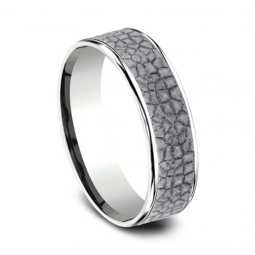 Cobblestone Patterned Tantalum Center 14k White Gold Men's Band, 6.5mm