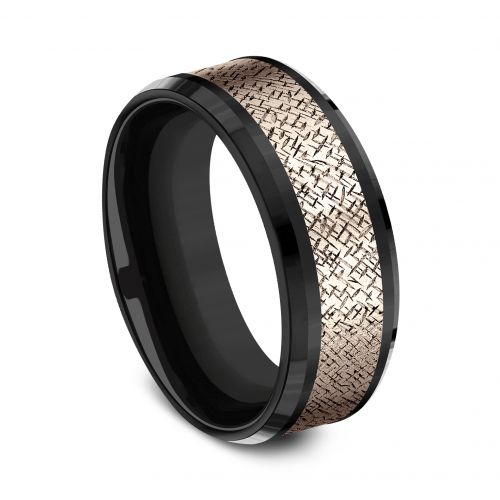 Crosshatch Patterned 14k Rose Gold Center Titanium Man's Band, 8mm