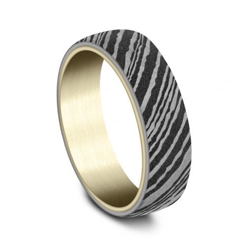 Damascus Streel Surface Design 14k Yellow Gold Men's Band, 6.5mm