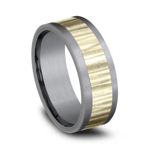 Hammered Finish 14k Yellow Gold Center Tantalum Men's Band, 8mm