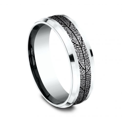 Leaf Patterned Tantalum Center, 14k White Gold Men's Band, 7mm