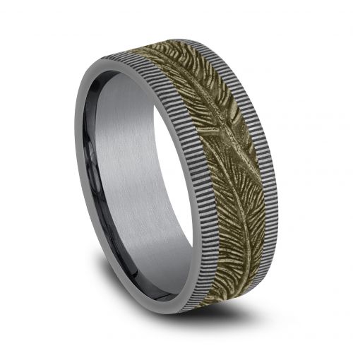 Tantalum Men's Band Accented with Feather Patterned 14k Yellow Gold Center, 8mm