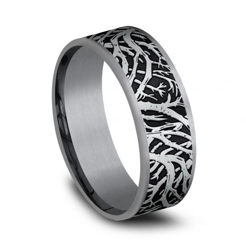 Tantalum Men's Band with 14k White Gold Enchanted Forest Motif, 7.5mm