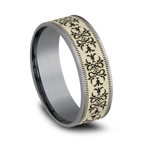 Tantalum Men's Band with Baroque Patterned 14k Yellow Gold Center, 7.5mm