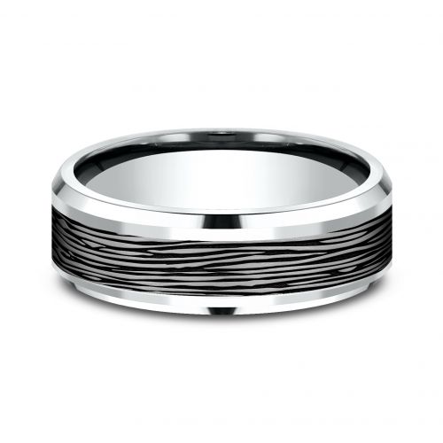 Bark Patterned Tantalum Center 14k White Gold Men's Band, 7mm