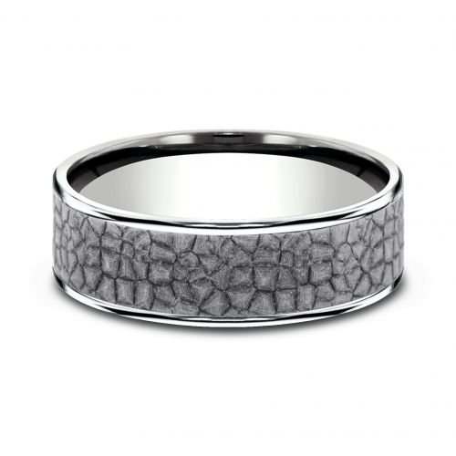 Cobblestone Patterned Tantalum Center 14k White Gold Men's Band, 6.5mm