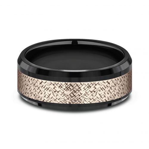 Crosshatch Patterned 14k Rose Gold Center Titanium Man's Band, 8mm