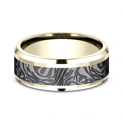 Faux Mokume Pattern Tantalum Center 14k Yellow Gold Men's Band, 8mm