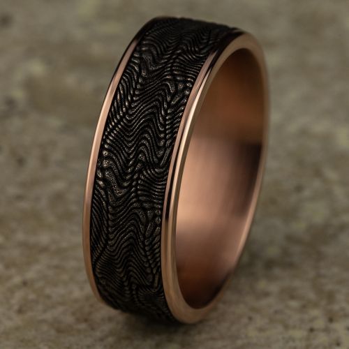 Grey Tantalum Snakeskin Pattern Center & 14k Rose Gold Men's Ring, 7.5mm