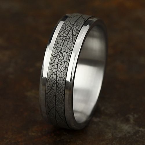 Leaf Patterned Tantalum Center, 14k White Gold Men's Band, 7mm