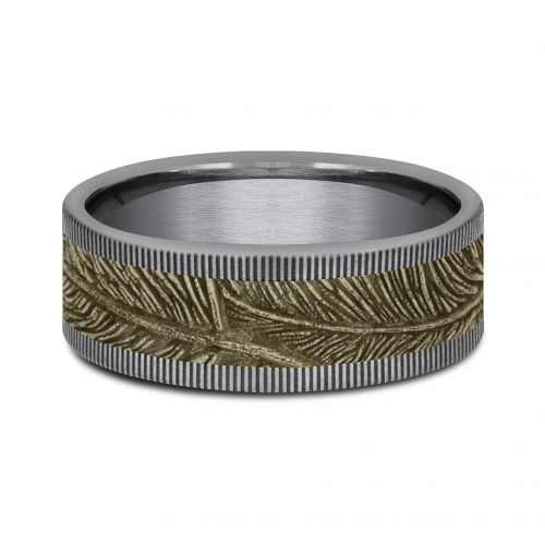 Tantalum Men's Band Accented with Feather Patterned 14k Yellow Gold Center, 8mm