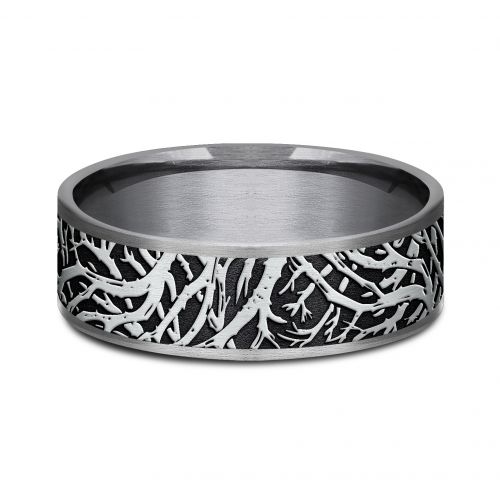 Tantalum Men's Band with 14k White Gold Enchanted Forest Motif, 7.5mm