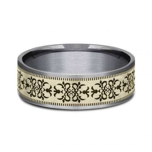 Tantalum Men's Band with Baroque Patterned 14k Yellow Gold Center, 7.5mm