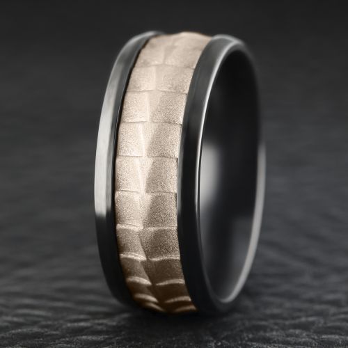 Titanium Men's Band with Crocodile Skin Patterned 14k Rose Gold Center, 9mm