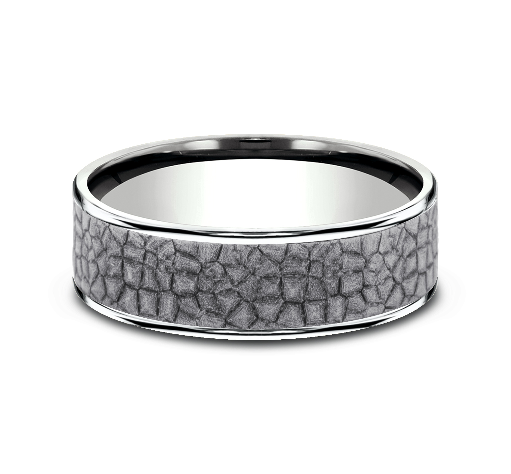 Cobblestone Patterned Tantalum Center 14k White Gold Men's Band, 6.5mm