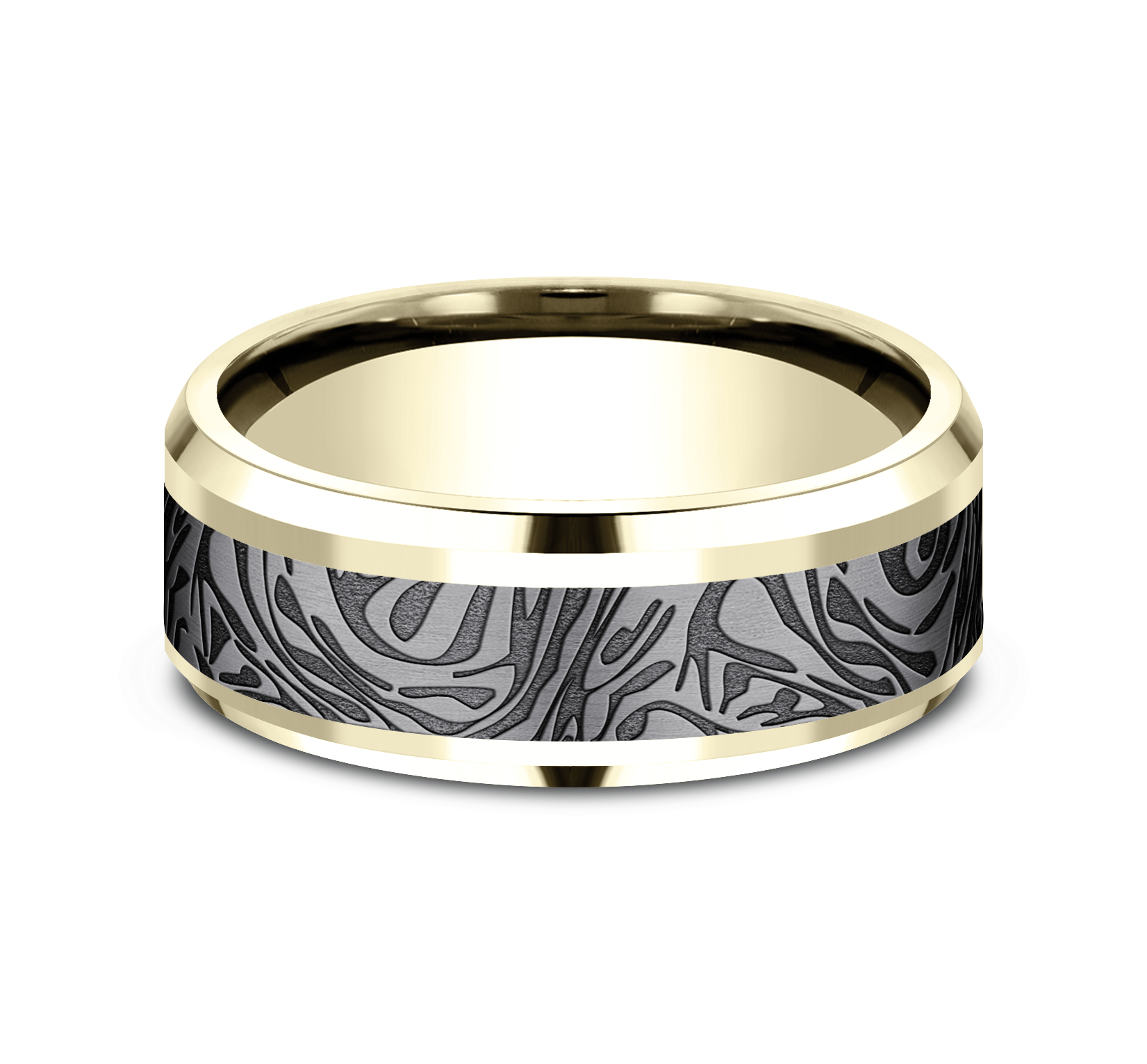 Faux Mokume Pattern Tantalum Center 14k Yellow Gold Men's Band, 8mm