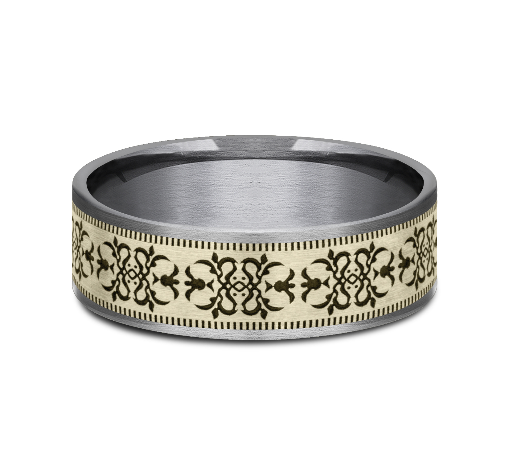 Tantalum Men's Band with Baroque Patterned 14k Yellow Gold Center, 7.5mm