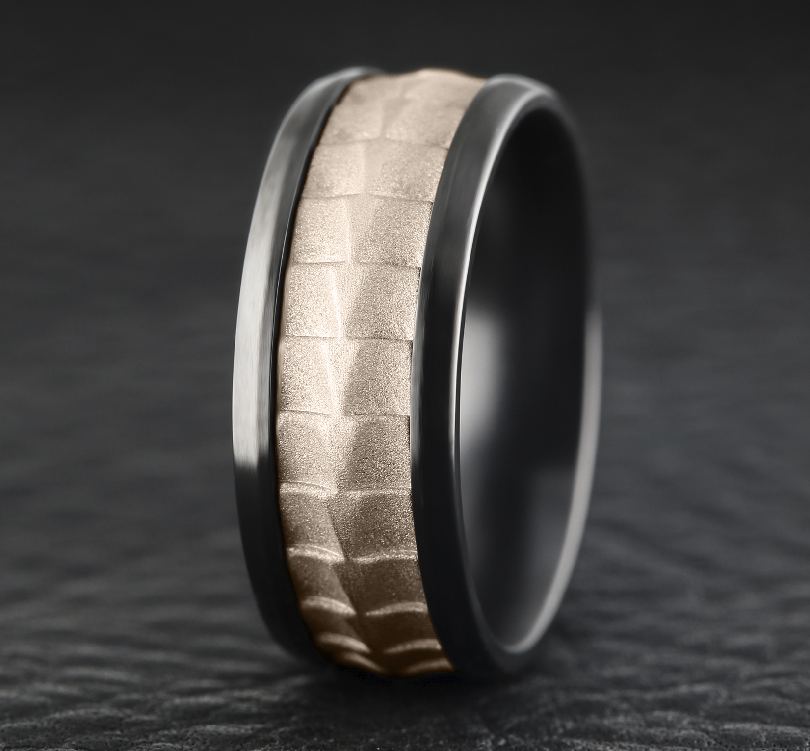 Titanium Men's Band with Crocodile Skin Patterned 14k Rose Gold Center, 9mm