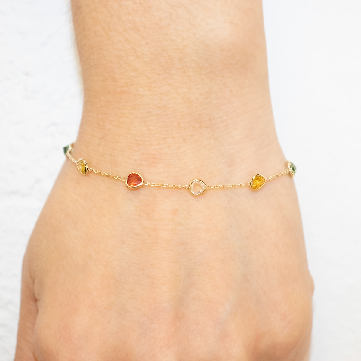 Rainbow  Sapphire Station Bracelet in 14k Yellow Gold