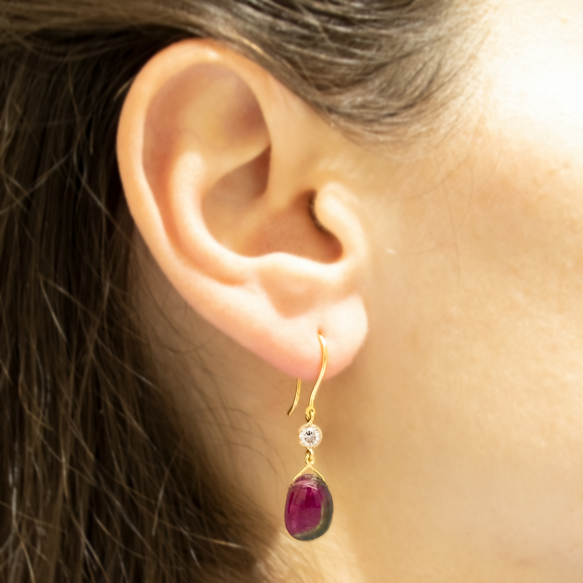 Pink Tourmaline and Diamond Dangle Earrings, 18k Yellow Gold