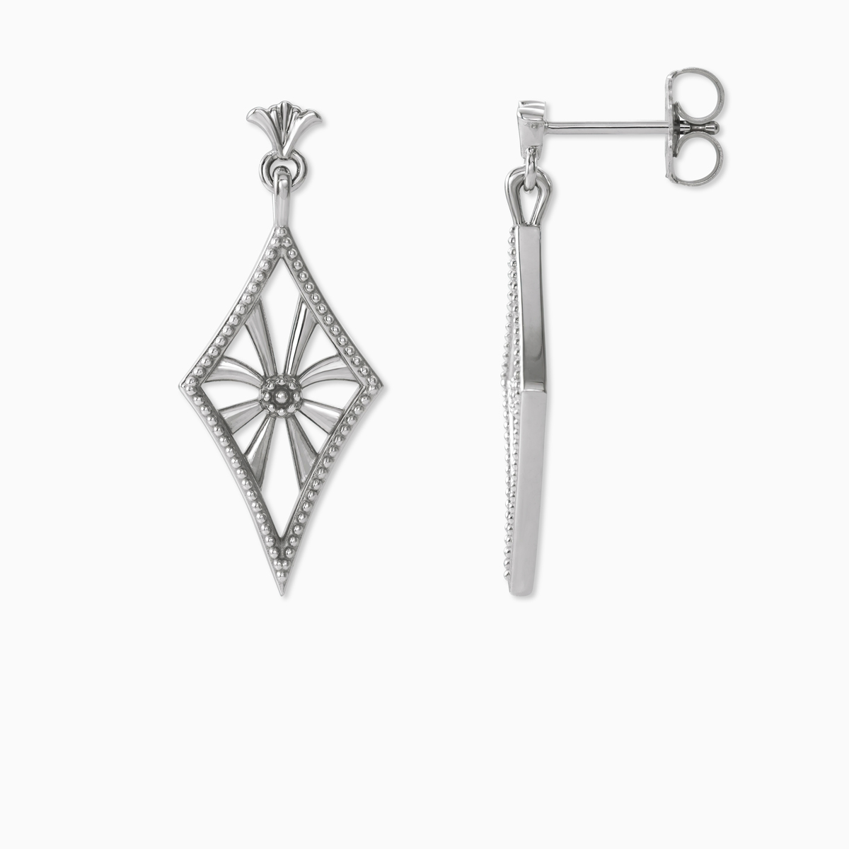 Vintage-inspired  Art Deco openwork dangle earrings in 14k white gold