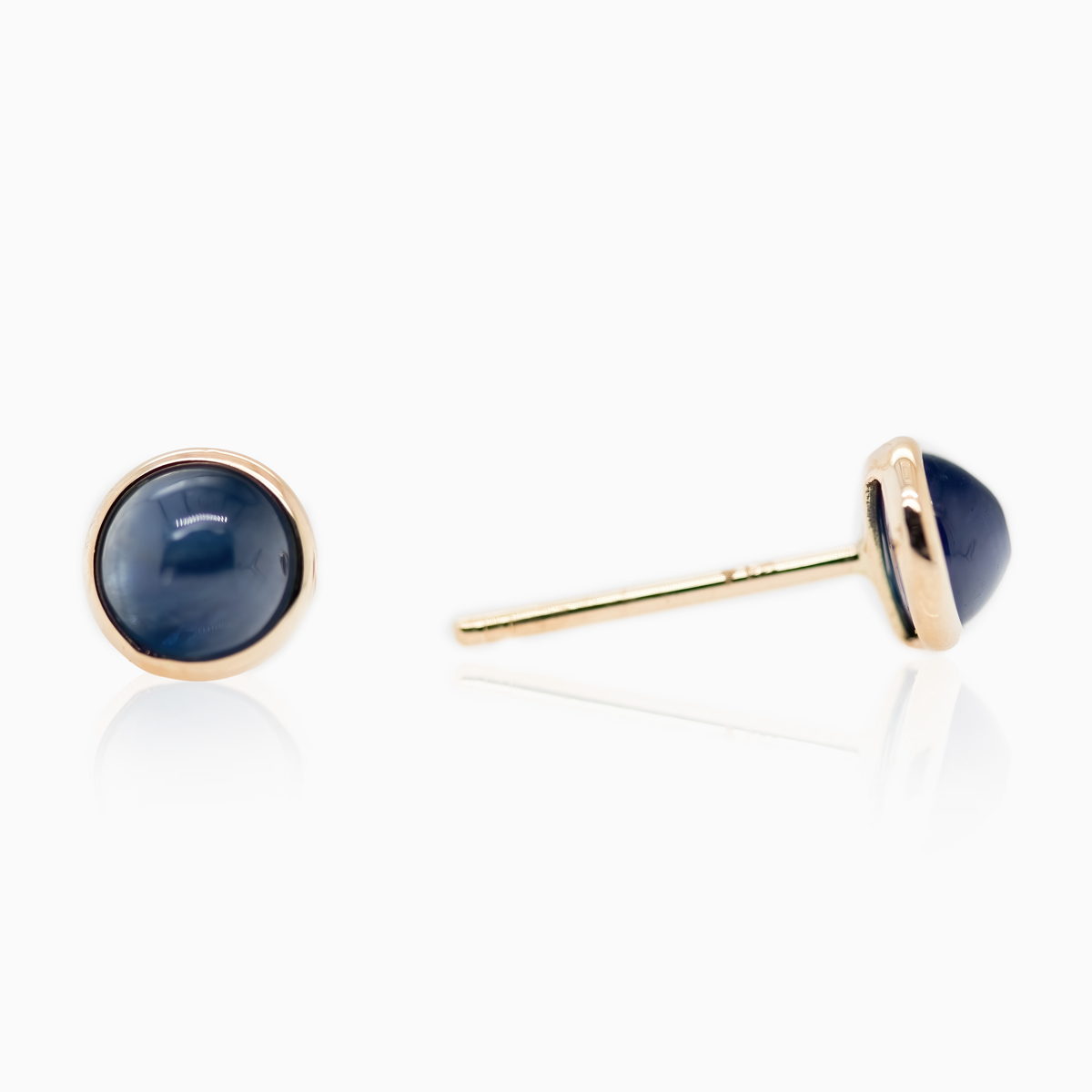 Cabochon Cut Natural Blue Sapphire Stud Earrings, 5mm, 14k Yellow Gold