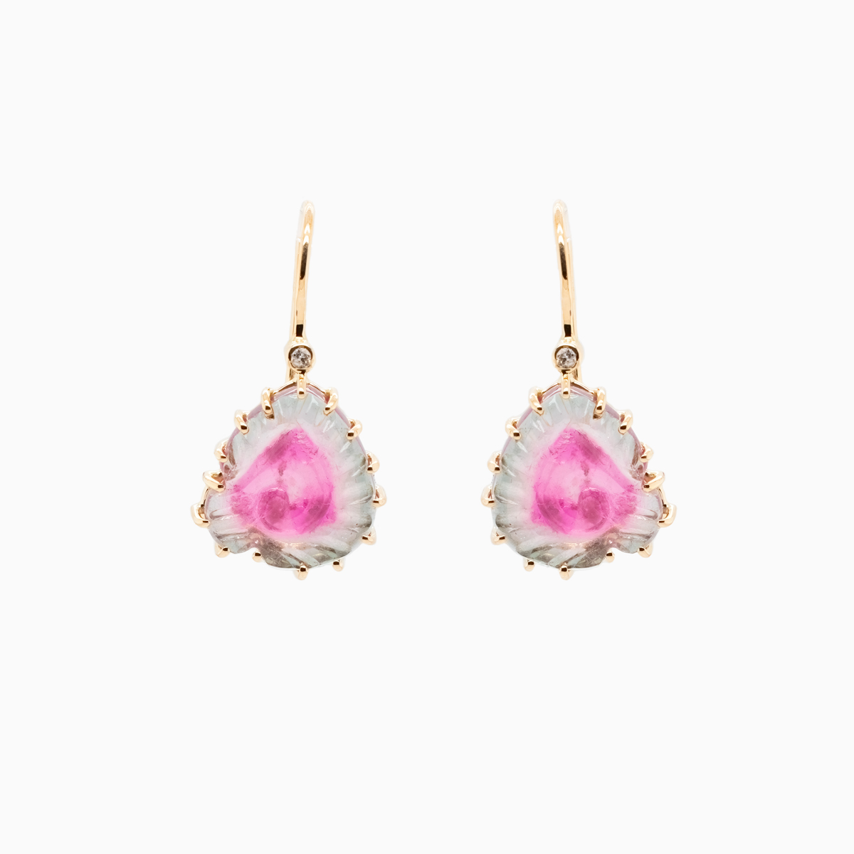 Carved Watermelon Tourmaline Dangle Earrings with Diamond Accents