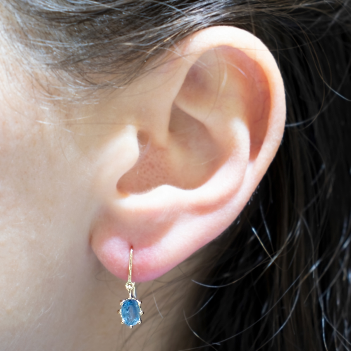 Natural Oval Blue Sapphire Dangle Earrings, 14k Gold