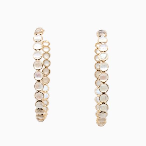 Rainbow Moonstone Hoop Earrings, 18k Yellow Gold