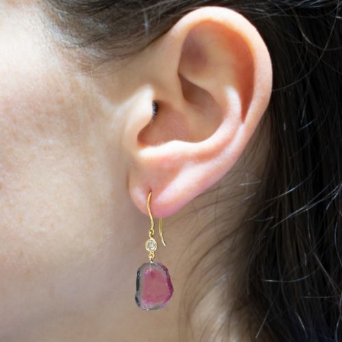 Watermelon Tourmaline and Diamond Accent, 18k Yellow Gold