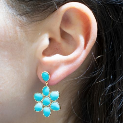 Turquoise Floral Motif Dangle Earrings, 14k Yellow Gold
