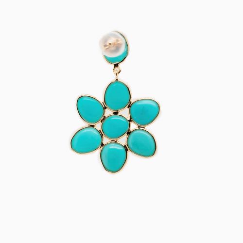 Turquoise Floral Motif Dangle Earrings, 14k Yellow Gold