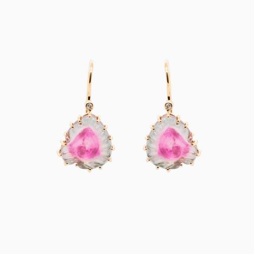 Carved Watermelon Tourmaline Dangle Earrings with Diamond Accents