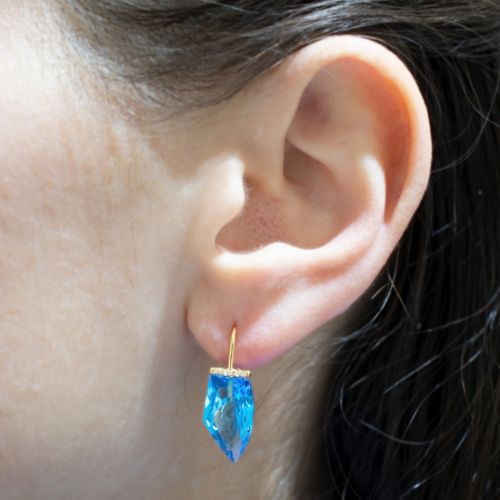 Dimond accented Natural Blue Topaz Drop Earrings, 18k Yellow Gold