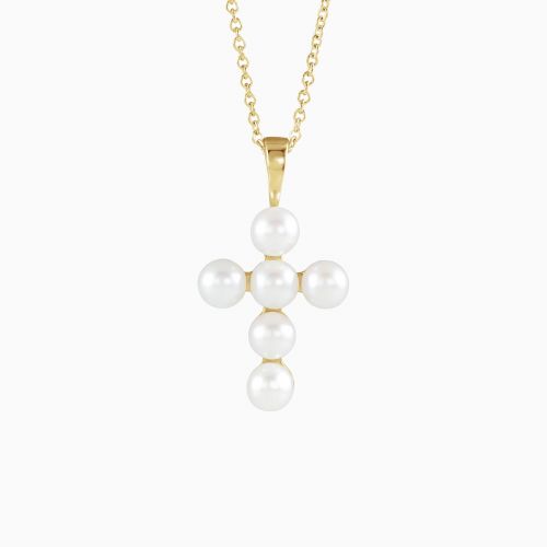 Pearl Cross Pendant with Chain, 14k Gold