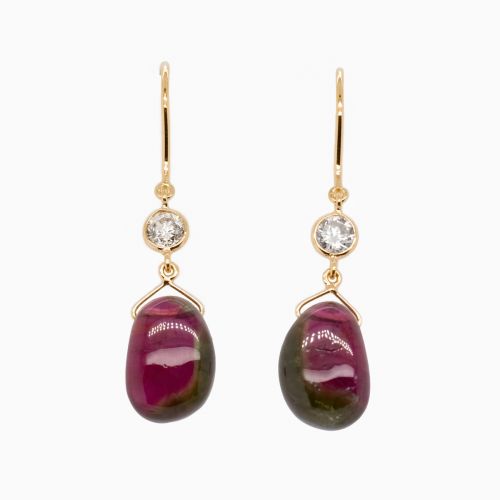 Pink Tourmaline and Diamond Dangle Earrings, 18k Yellow Gold