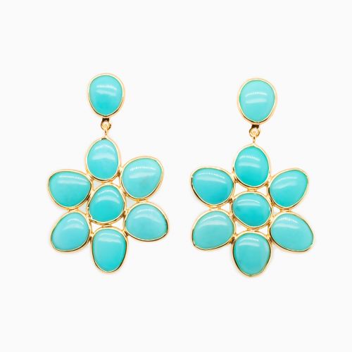 Turquoise Floral Motif Dangle Earrings, 14k Yellow Gold