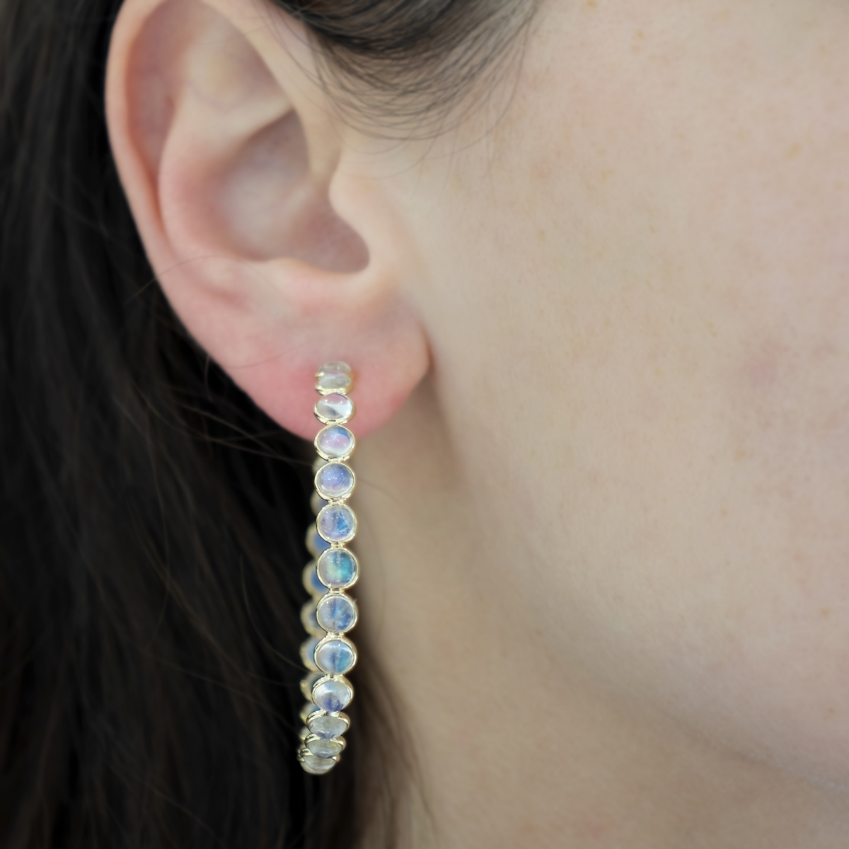 Rainbow Moonstone Hoop Earrings, 18k Yellow Gold