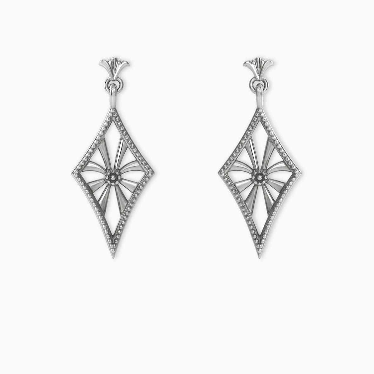 Vintage-inspired  Art Deco openwork dangle earrings in 14k white gold