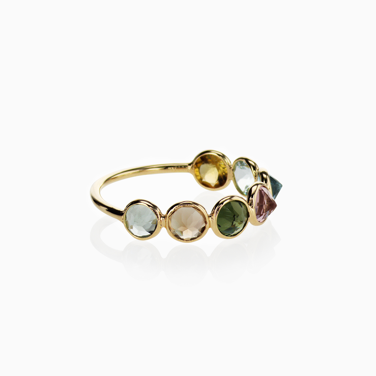 Reverse-set multi-color Tourmaline Touchstone Ring, 14k Yellow Gold