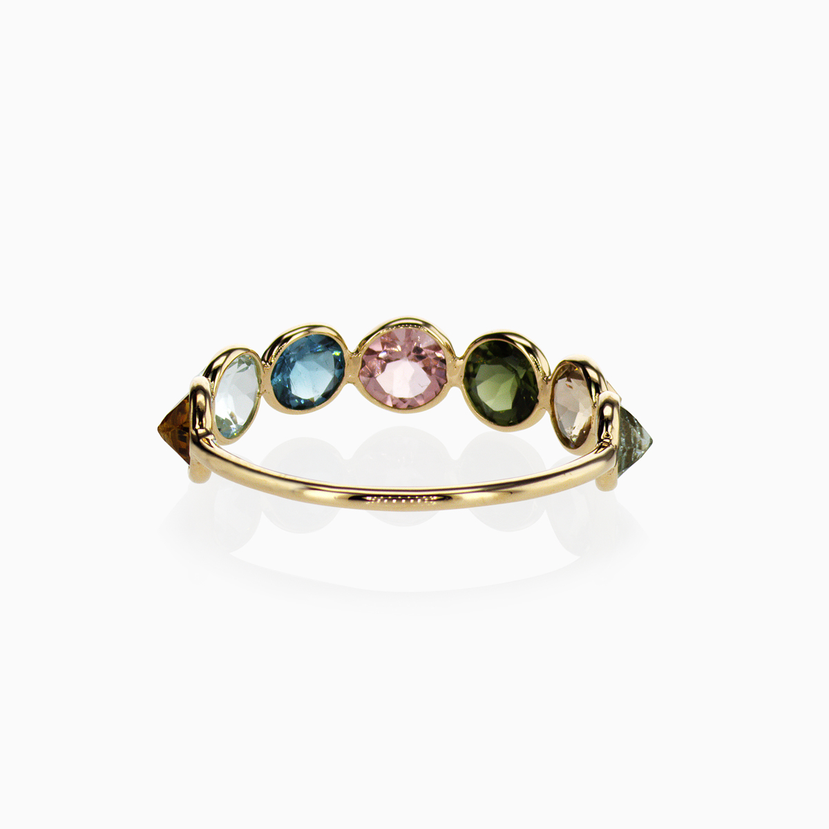 Reverse-set multi-color Tourmaline Touchstone Ring, 14k Yellow Gold