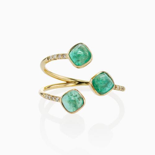 Open Cuff Ring with Natural Sugarloaf Emeralds and Diamonds