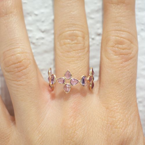 Natural Pink Sapphire Floral Eternity Band, 14k Yellow Gold