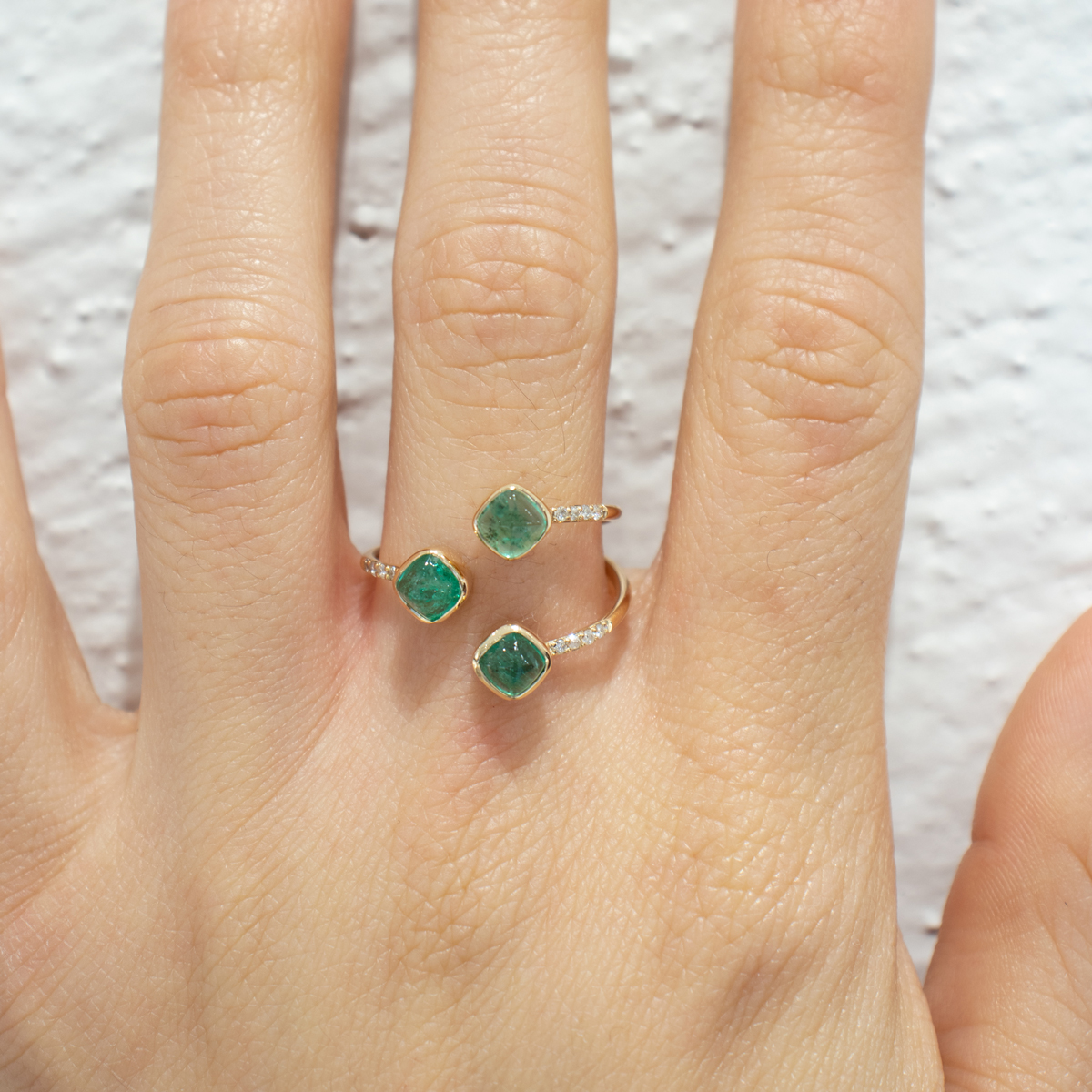 Open Cuff Ring with Natural Sugarloaf Emeralds and Diamonds