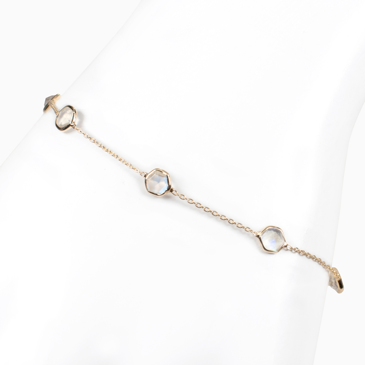 Natural Rainbow Moonstone Station Bracelet, 14k Yellow Gold