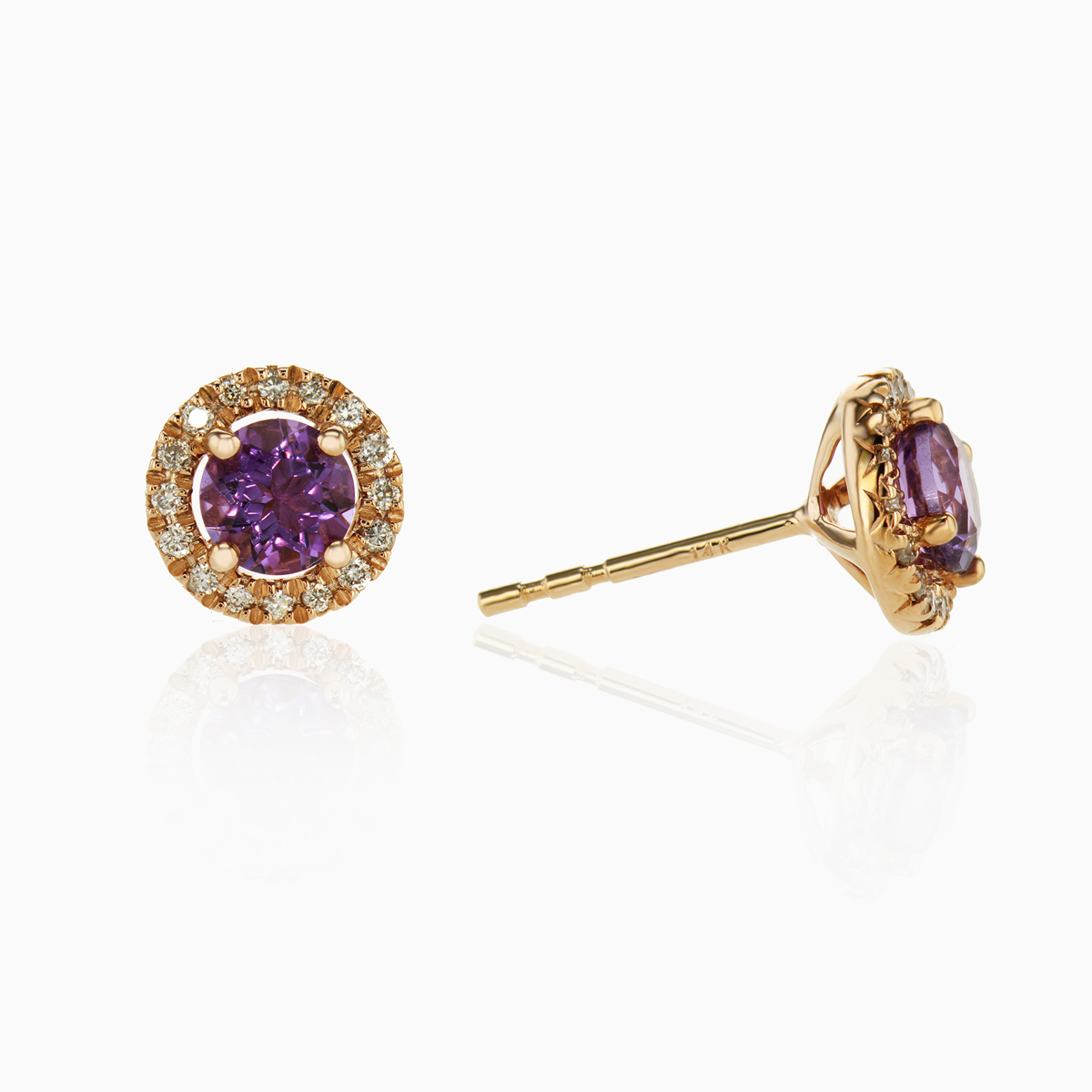 Amethyst and Diamond Halo Stud Earrings, 14k Rose Gold