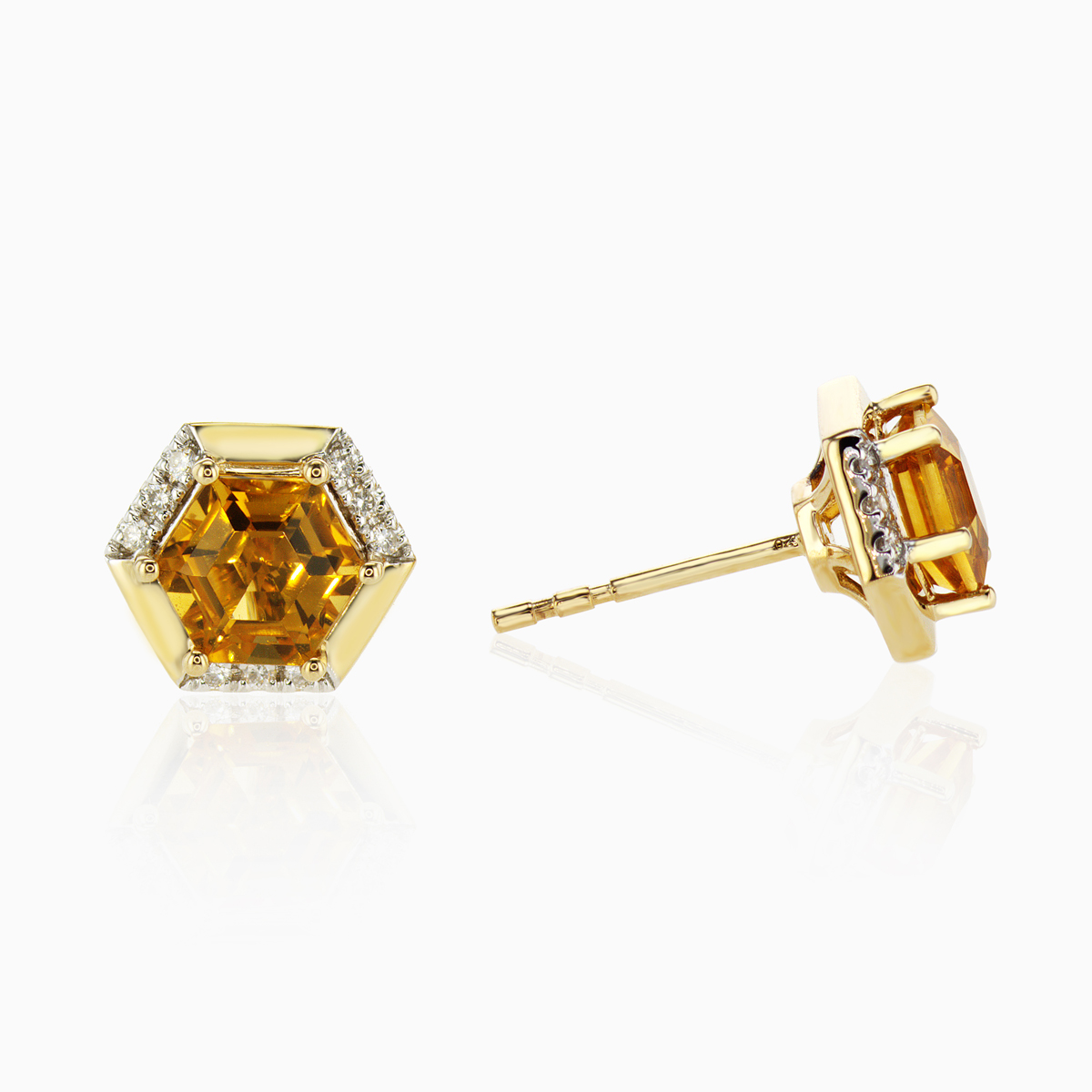 Natural Hexagon Citrine & Diamond Stud Earrings, 14k Gold