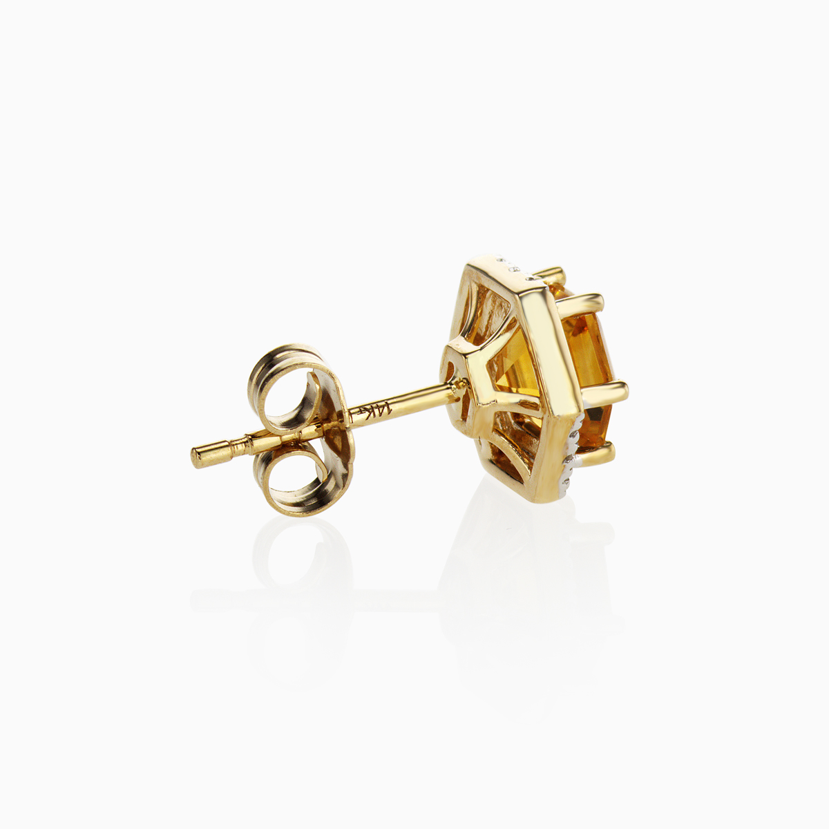 Natural Hexagon Citrine & Diamond Stud Earrings, 14k Gold