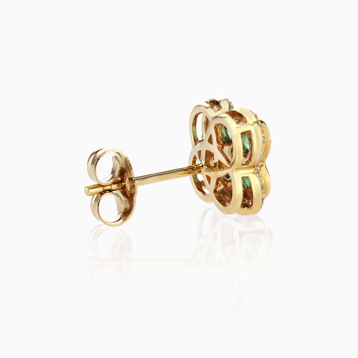 Natural Emerald and Diamond Floral Stud Earrings, 14k Yellow Gold