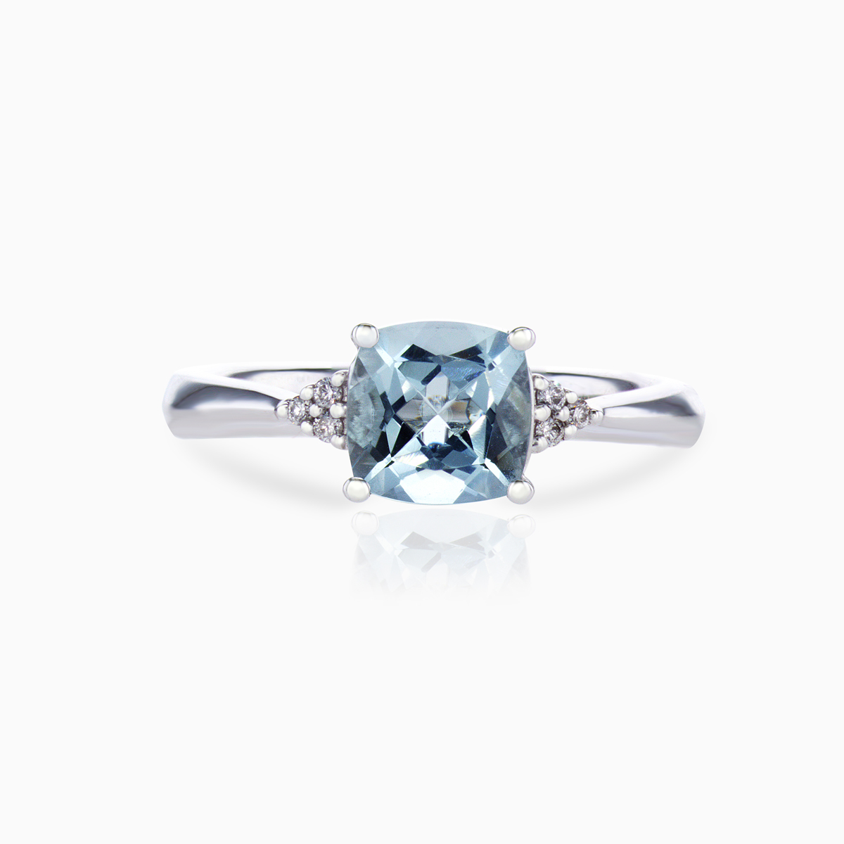 Cushion-cut Natural Aquamarine Ring with Diamond Accents, 14k White Gold